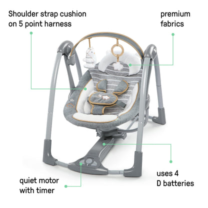 Ingenuity Hugs & Hoots zusammenklappbare & tragbare Babyschaukel, 5 Schaukelgeschwindigkeiten, 8 Melodien, 3 Naturgeräusche, Lautstärkeregulierung und Spielzeugbügel, ab der Geburt bis 9kg