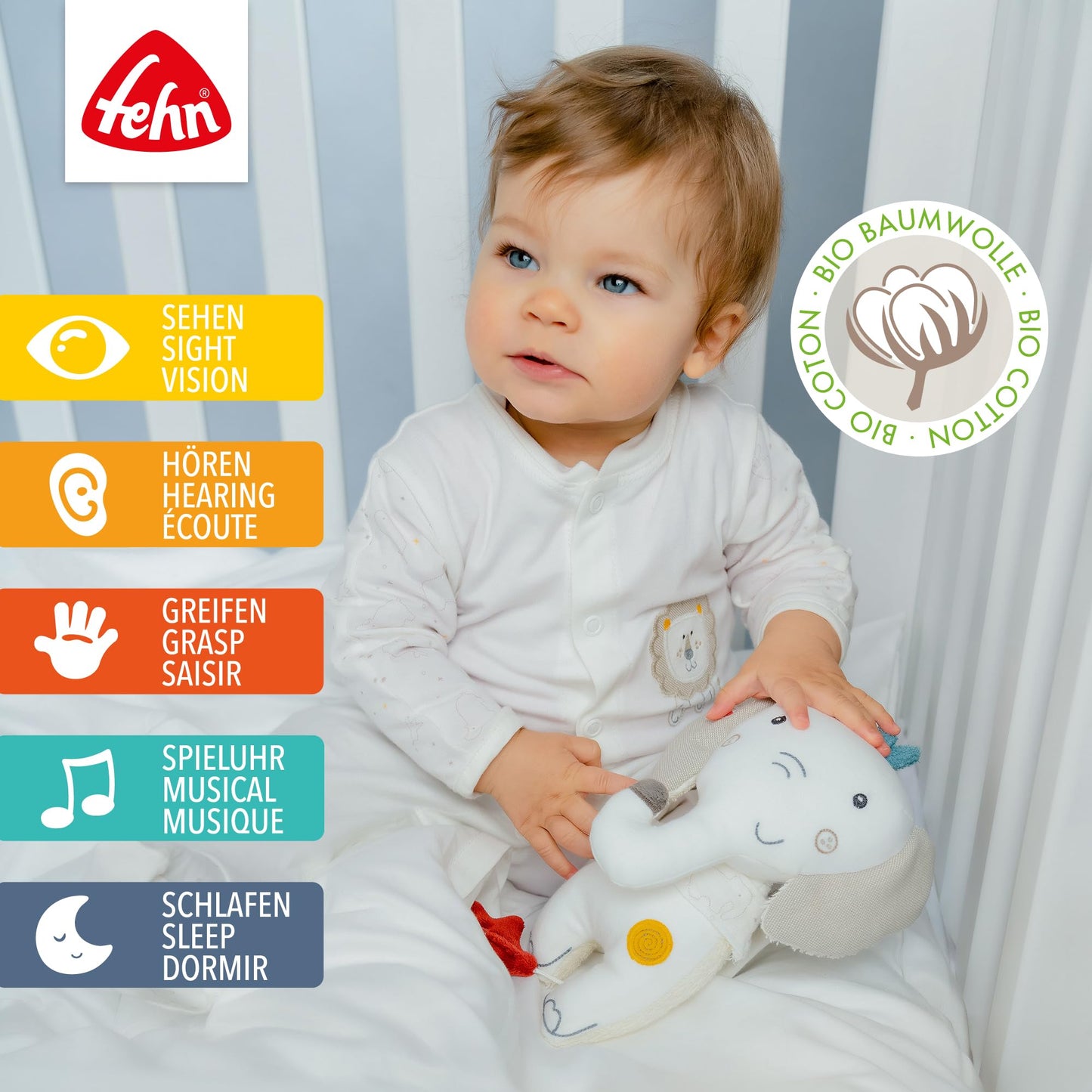 Fehn Spieluhr Baby Einschlafhilfe Schaf - Kuscheltier mit sanfter Einschlafhilfe Melodie "Guten Abend, gut´ Nacht" - Babyspielzeug für Unterwegs und Zuhause - Musikspielzeug für Babys und Kleinkinder