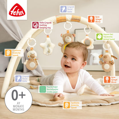 Fehn 3-D-Activity-Decke Spielbogen Peru – Baby Krabbeldecke mit 5 abnehmbaren Spielzeugen zum Greifen – Spieldecke für Babys und Kinder ab 0+ Monaten – Krabbelmatte als Geschenk zur Geburt