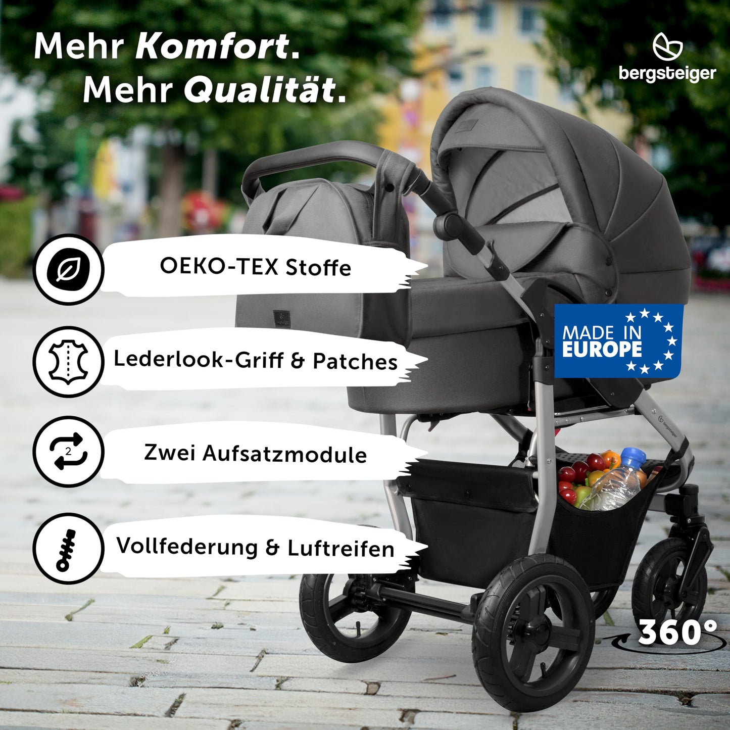 Bergsteiger Capri 3-in-1 Combination Pushchair - Baby Carrier, Sports Seat & i-Size Baby Seat, Pneumatic Tyres, Suspension, Height-Adjustable Handle, Foldable, Accessories