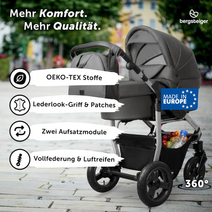 Bergsteiger Capri 3-in-1 Combination Pushchair - Baby Carrier, Sports Seat & i-Size Baby Seat, Pneumatic Tyres, Suspension, Height-Adjustable Handle, Foldable, Accessories