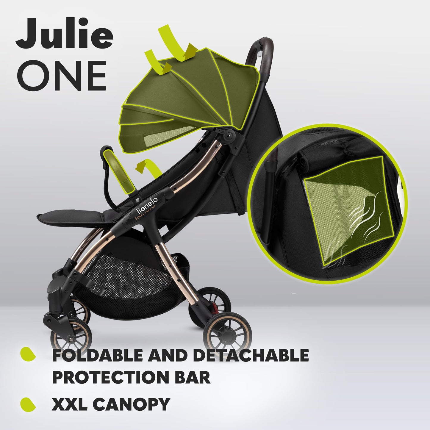 LIONELO Julie One Buggy Pushchair up to 22 kg, Adjustable Backrest and Footrest, Mosquito Net, Leg Warmer, Drink Holder and Transport Bag, Foldable