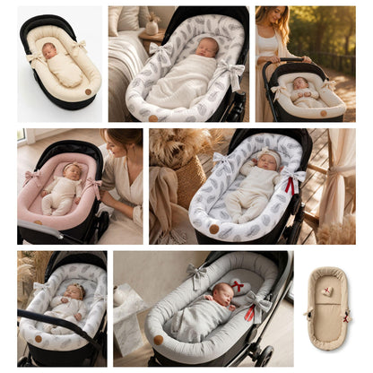 Stubenwagen Umrandung aus Musselin Baumwolle – Nestchen für Babywanne Kinderwagen und Buggy Atmungsaktiv – Schonbezug Set 3-teilig mit Kissen und Einlage für Neugeborene Gefieder
