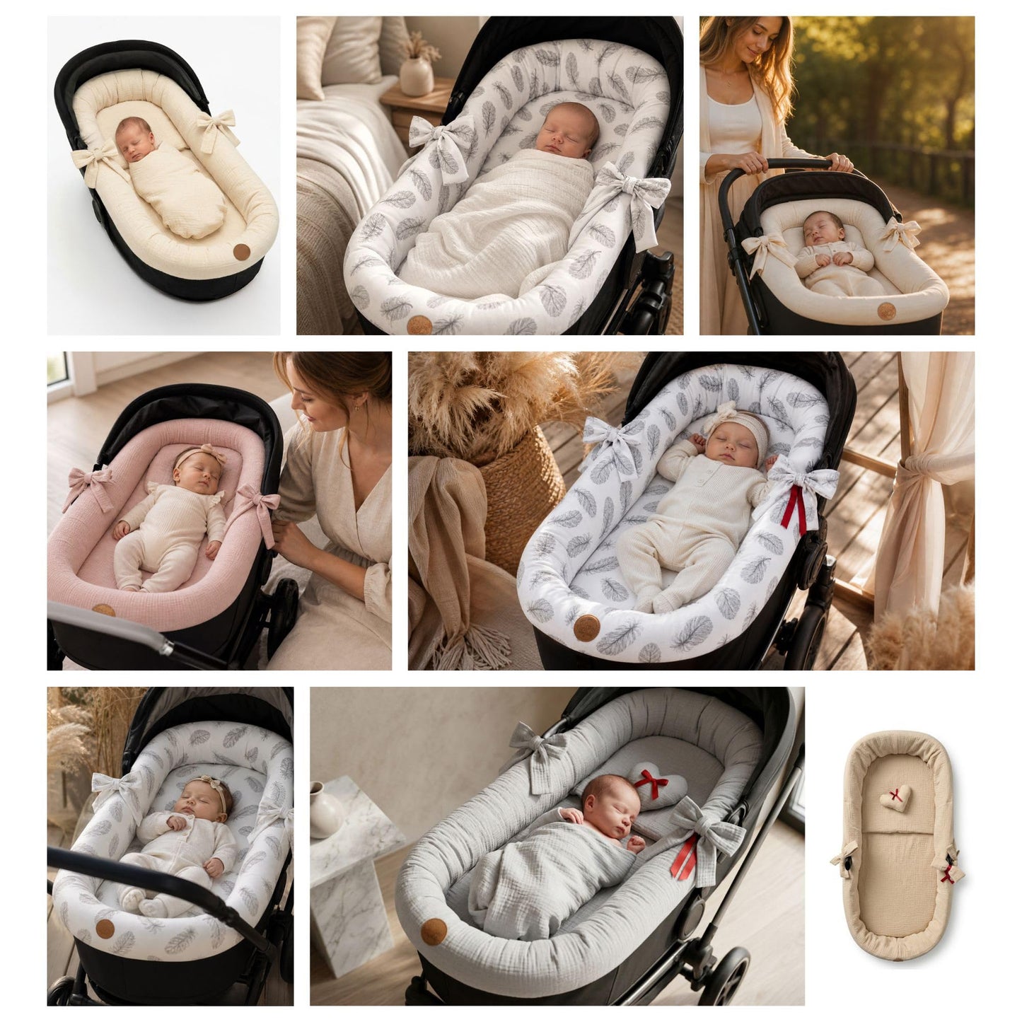 Stubenwagen Umrandung aus Musselin Baumwolle – Nestchen für Babywanne Kinderwagen und Buggy Atmungsaktiv – Schonbezug Set 3-teilig mit Kissen und Einlage für Neugeborene Gefieder