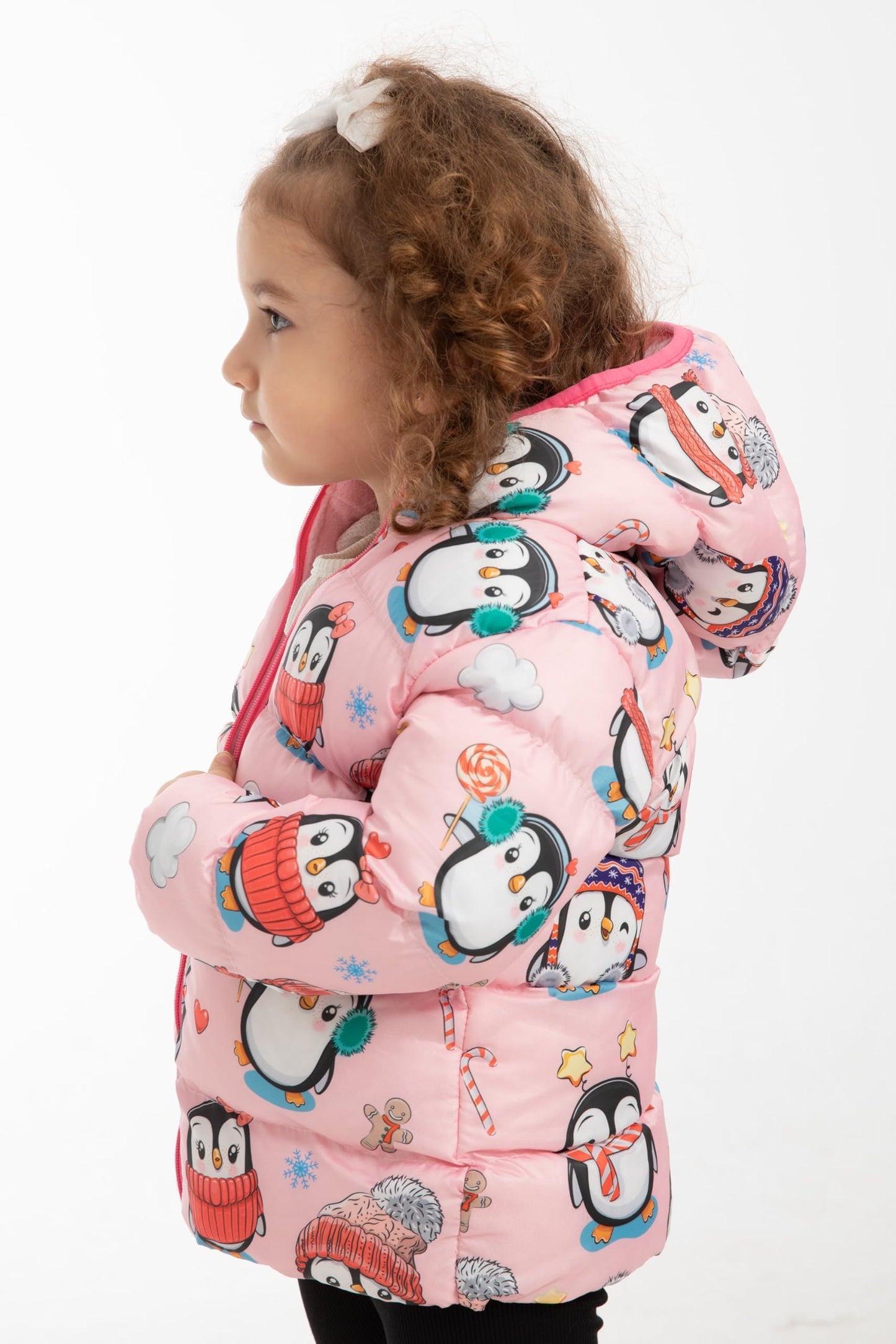 Generisch Wasserdichte Mädchen Winterjacke mit Kapuze – Rosa Jacke mit Pinguin-Muster – Atmungsaktive, Winddichte Übergangsjacke für Herbst und Winter