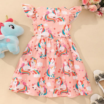 JiAmy Girls' Dress Ruffle Short Sleeve Unicorn Cartoon Prints Colourful Tulle Dresses Toddler Spring Summer Party Princess Clothing for Girls 18 Months - 8 Years