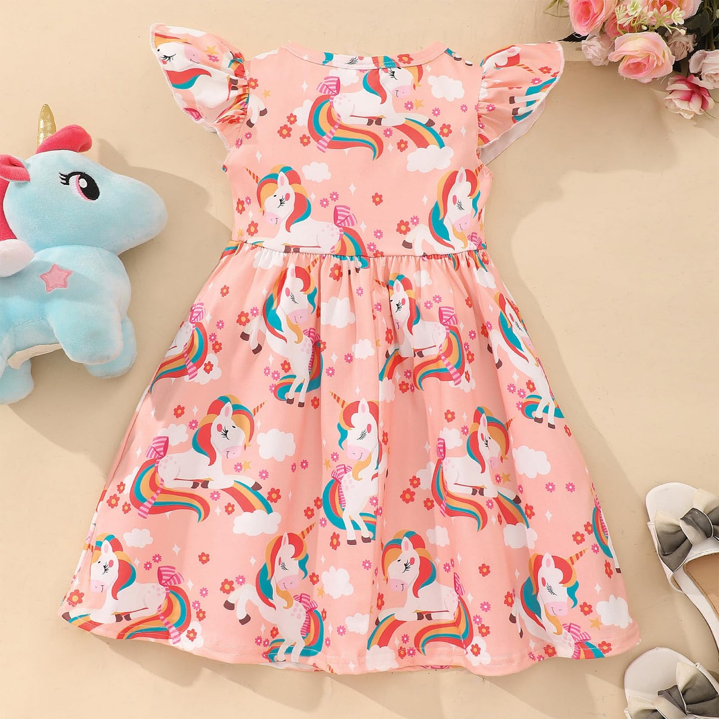 JiAmy Girls' Dress Ruffle Short Sleeve Unicorn Cartoon Prints Colourful Tulle Dresses Toddler Spring Summer Party Princess Clothing for Girls 18 Months - 8 Years