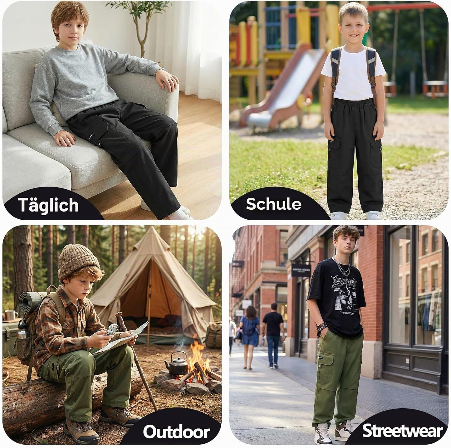 Cargohose Jungen Baggy Jogginghose Baumwollhose Kinder Gr.122-170 | Jungs Jogger Hose, Elastische Taille, Cargo Hosen, Weites Bein Freizeithose, mit Taschen, Atmungsaktiv Streetwear Sporthose