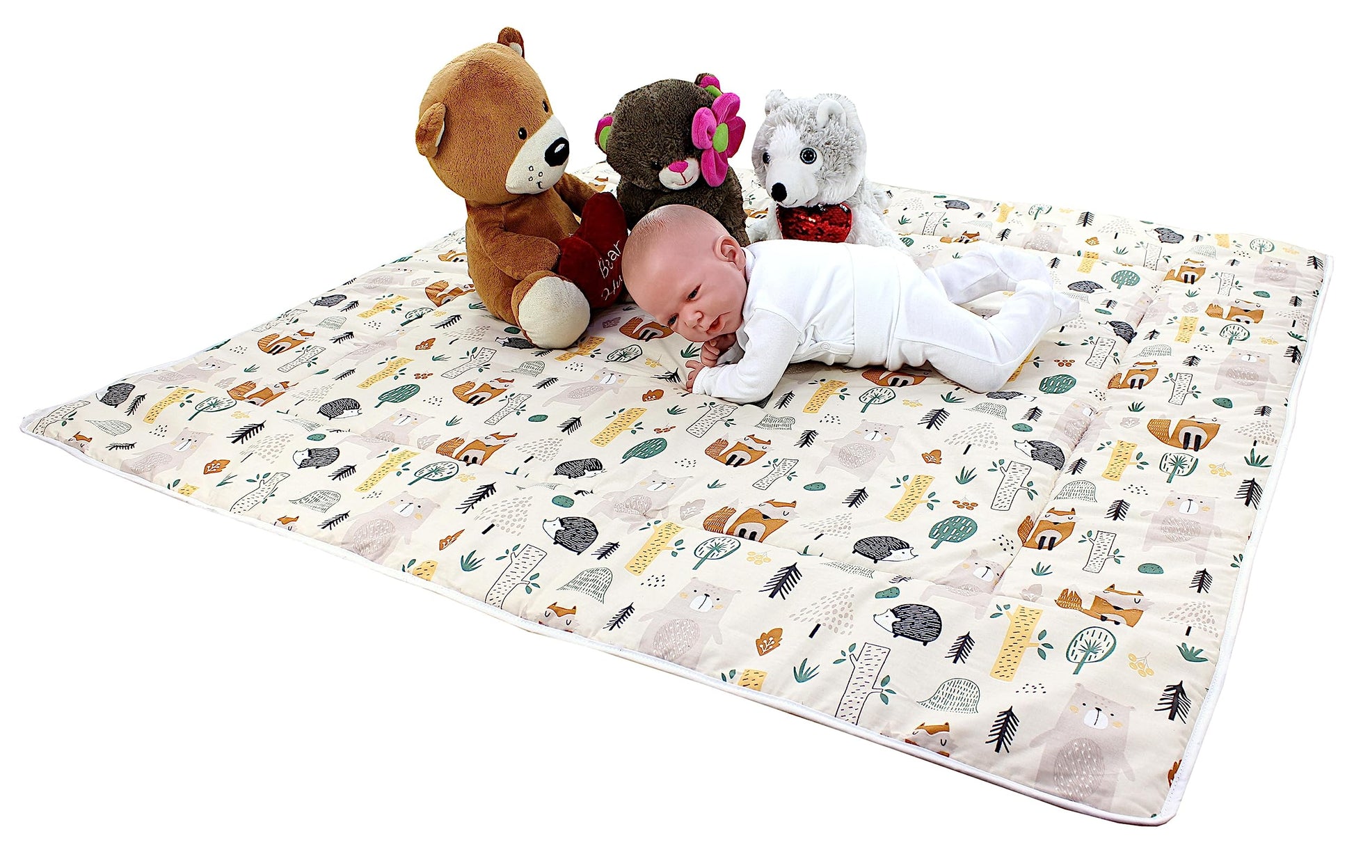 TupTam Krabbeldecke für Baby 120x120 cm - Gepolsterte Spieldecke Baby Baumwolle, XXL, OEKO-TEX, Weich & Hautfreundlich, Farbe: Wald/Beige - Meloni2