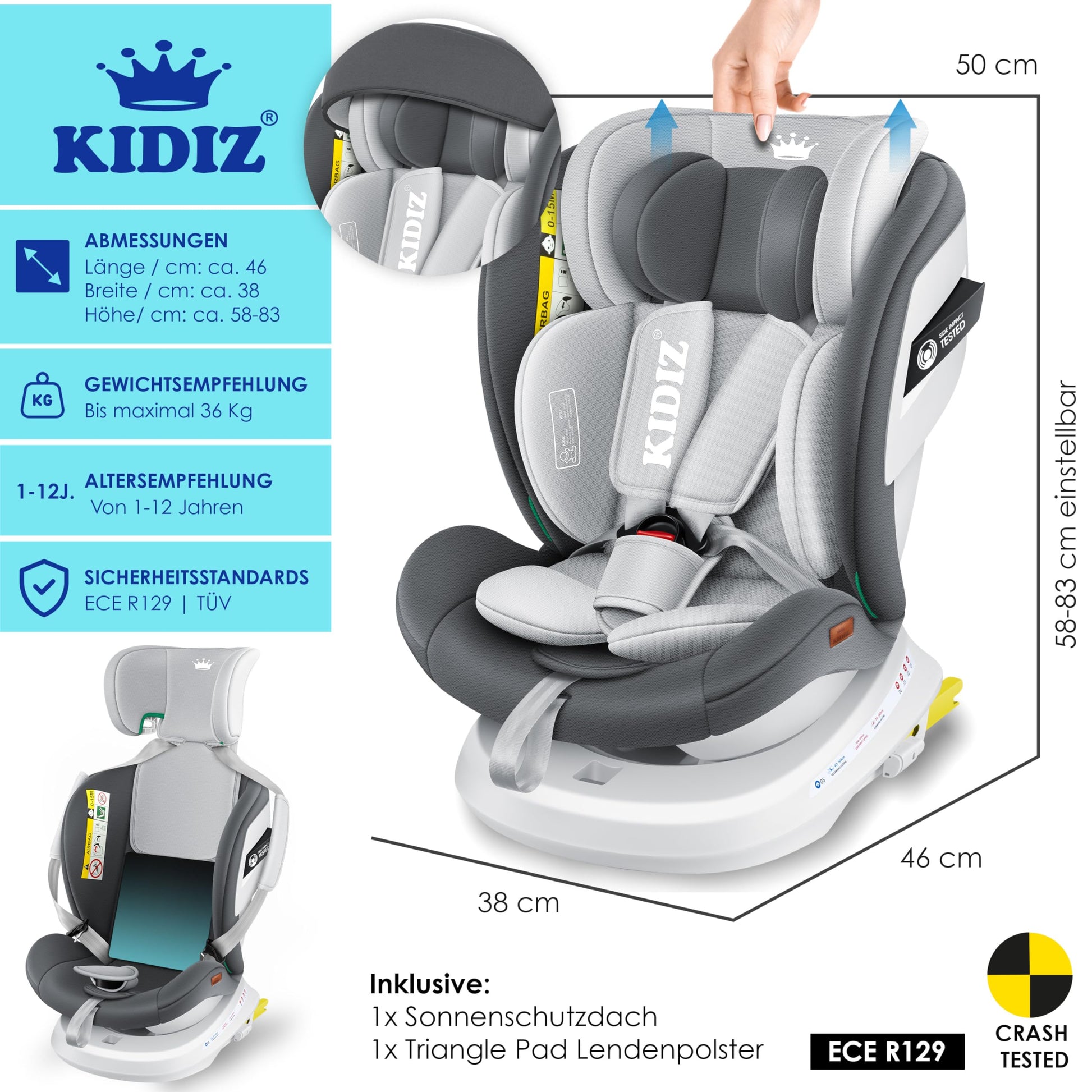 KIDIZ® Kindersitz Baby Autositz Kinderautositz Isofix Top Tether 360° drehbar Gruppe 0/1/2/3 ab Geburt 0-36kg Mit Sonnenschutzdach Seitenschutz 5 Punkt Gurt Kopfstützenverstellung ECE R129 Grau - Meloni2