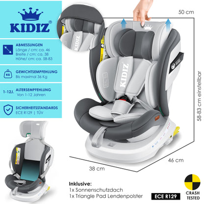 KIDIZ® Kindersitz Baby Autositz Kinderautositz Isofix Top Tether 360° drehbar Gruppe 0/1/2/3 ab Geburt 0-36kg Mit Sonnenschutzdach Seitenschutz 5 Punkt Gurt Kopfstützenverstellung ECE R129 Grau - Meloni2