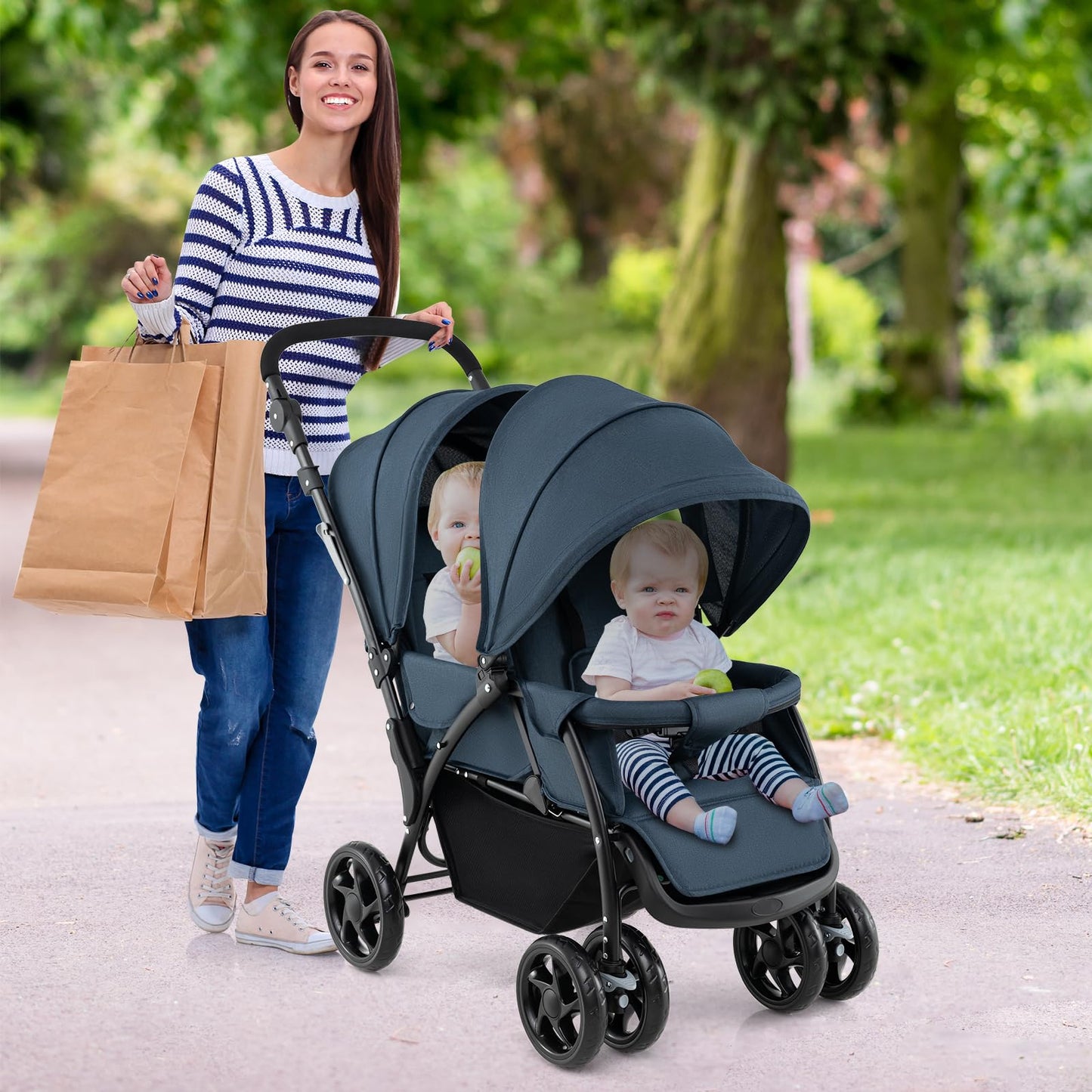 COSTWAY Folding Double Pushchair, Twin Pushchair with Adjustable Backrest and Hood, Travel Buggy with Reclining Function, Twin Buggy Pushchair for Baby from 6 Months, 30 kg Load Capacity (Grey)