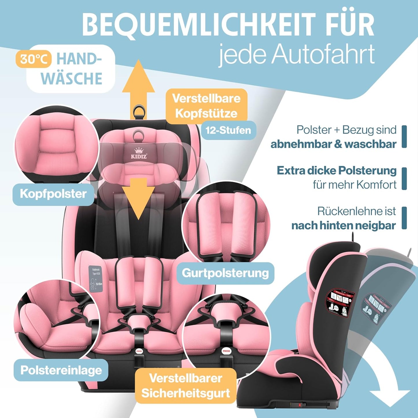 Autokindersitz mit Isofix i-Size R129 100-150cm bis 12 Jahre, Kinderautositz Gruppe 1/2/3, mitwachsender Kindersitz, 5-Punkt-Gurt & höhenverstellbare Kopfstütze, Sitzerhöhung Auto, Schwarz