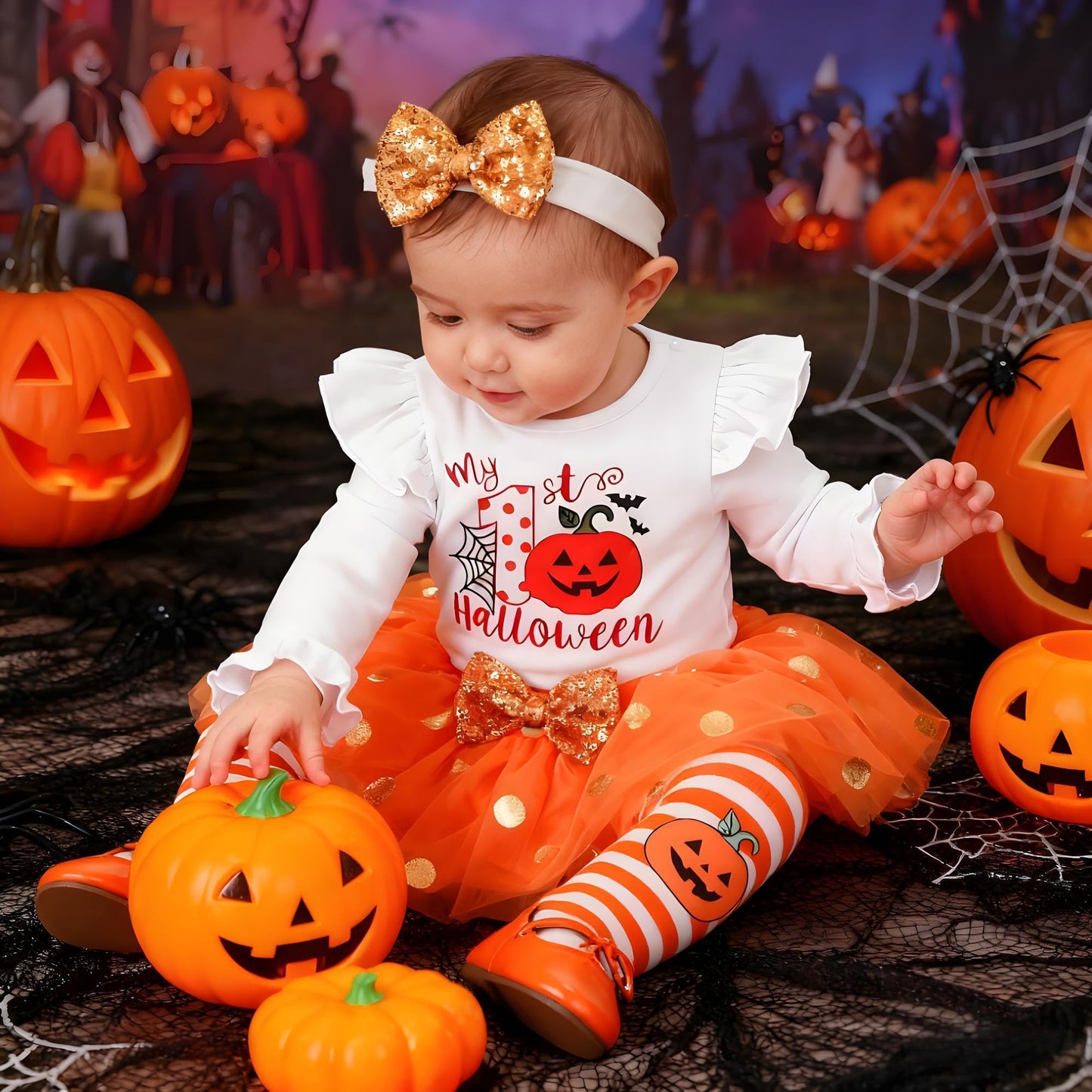 Baby Girl Halloween Outfit, My First Halloween Baby Girl Clothing, Halloween Outfit Baby, Newborn Halloween Baby Pumpkin Romper + Tutu Skirt + Leg Warmer + Headband, Baby Clothing Halloween
