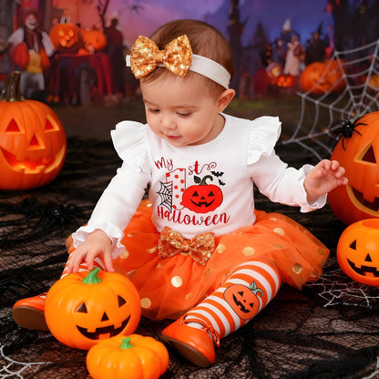 Baby Girl Halloween Outfit, My First Halloween Baby Girl Clothing, Halloween Outfit Baby, Newborn Halloween Baby Pumpkin Romper + Tutu Skirt + Leg Warmer + Headband, Baby Clothing Halloween