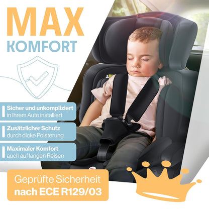 Autokindersitz mit Isofix i-Size R129 100-150cm bis 12 Jahre, Kinderautositz Gruppe 1/2/3, mitwachsender Kindersitz, 5-Punkt-Gurt & höhenverstellbare Kopfstütze, Sitzerhöhung Auto, Schwarz