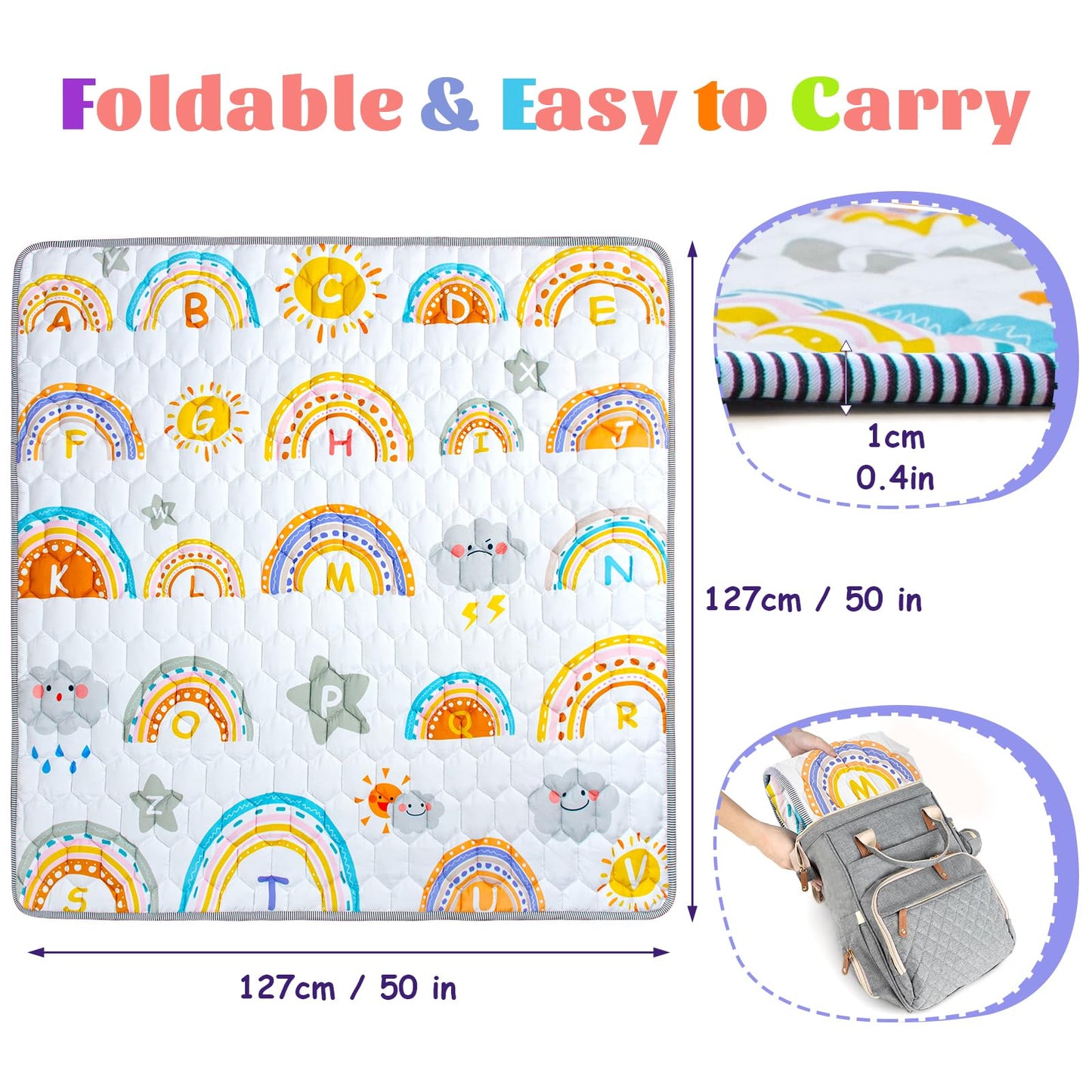 Funsland crawling carpet for babies, non-slip baby play mat, non-toxic 127x127cm, cotton animal crawling mat for babies, foldable with a height ruler, children's play mat for indoors/outdoors/fences 