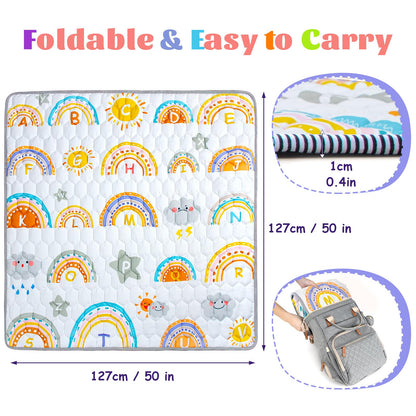 Funsland Krabbelteppich für Baby, Rutschfeste Baby Spielmatte Schadstofffrei 127x127cm, Baumwolle Tier Krabbelmatte Baby Faltbar mit Einem Höhenlineal, Kinder Spielmatte für Innen/Außen/Zaun