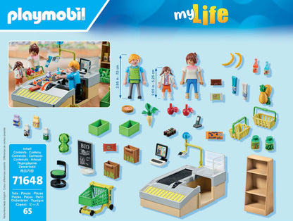 PLAYMOBIL MyLife Promo Pack 71648 Bio-Supermarkt, inklusive Kasse mit Warenlaufband, Einkaufswagen und DREI Figuren, detailreiches Spielzeug für Kinder ab 4 Jahren