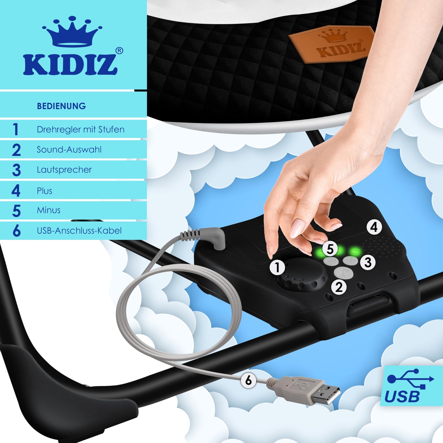 KIDIZ® Baby Rocker Baby Swing with 5 Speed Settings Foldable Baby Rocker Swing Baby High Chair with Play Arch Toys 5 Soothing Natural Sounds Newborn Anthracite