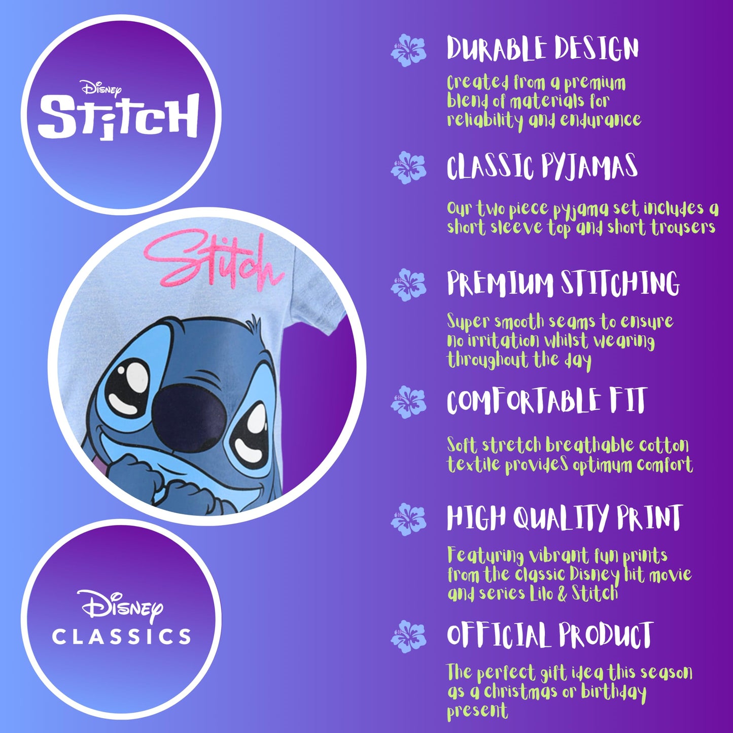 Disney Stitch Pyjamas für Mädchen, Stitch Design 2-Teiliges T-Shirt und Shorts-Set für Mädchen, Geschenk für Mädchen, Größen 6 bis 12 Jahre