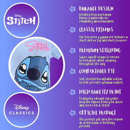 Disney Stitch Pyjamas für Mädchen, Stitch Design 2-Teiliges T-Shirt und Shorts-Set für Mädchen, Geschenk für Mädchen, Größen 6 bis 12 Jahre