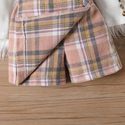 UUAISSO Kleinkind Baby Mädchen Kleidung Langarm Gerippte Oberteile Plaid Tweed Muster Rock Baskenmütze Herbst Knopf Outfits Sets