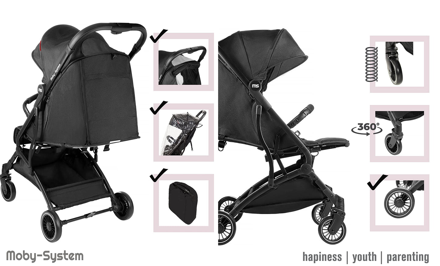 Moby-System, Buggy, superleicht und kompakt, bis 14 kg, verstellbare Rückenlehne, Doppelräder, schwenkbare Schaumstoffräder, faltbar, mit Sonnendach – idealer Kinderwagen für Spaziergänge, grau