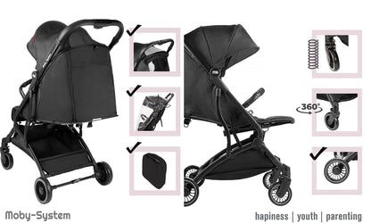 Moby-System, Buggy, superleicht und kompakt, bis 14 kg, verstellbare Rückenlehne, Doppelräder, schwenkbare Schaumstoffräder, faltbar, mit Sonnendach – idealer Kinderwagen für Spaziergänge, grau