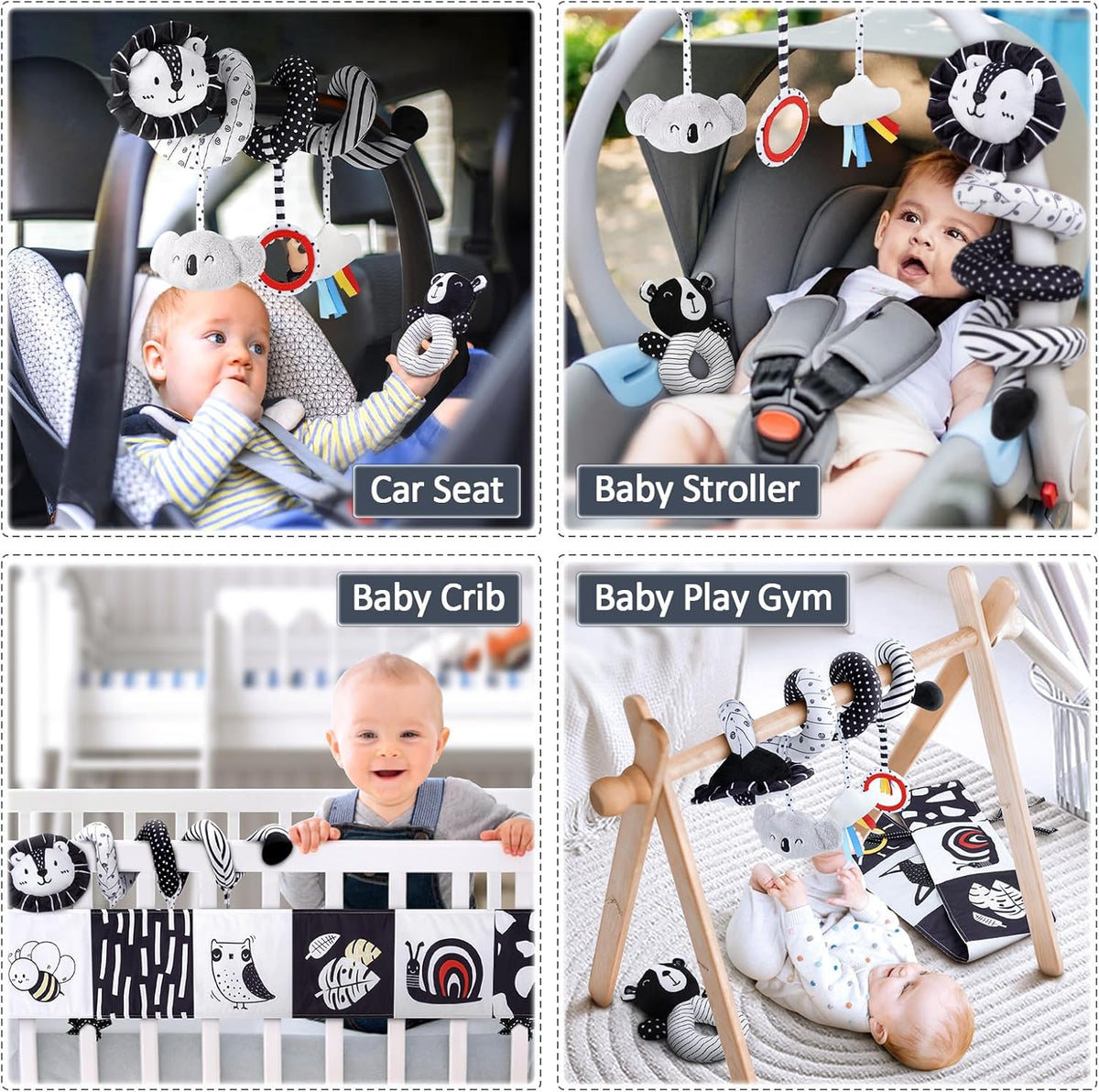 Joyreal Kinderwagen Spielzeug - Schwarz Weiss Spielzeug Stoffbuch, Kontrastbuch Baby, Kontrastkarten Baby, Sensorik Kontrast Spielzeug, Neugeborenen
