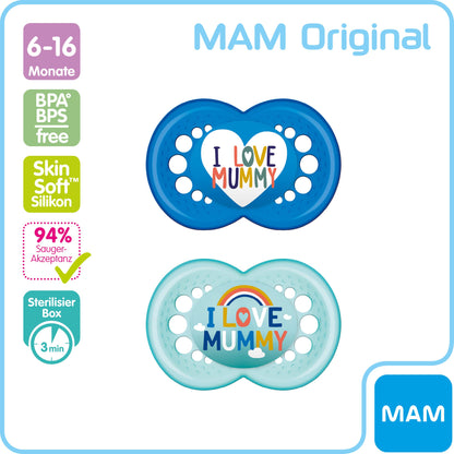 MAM Original Schnuller im 2er-Set, zahnfreundlicher Baby Schnuller aus nachhaltigen & bio-erneuerbaren Materialien, Sauger aus MAM SkinSoft Silikon, mit Schnullerbox, 6-16 Monate, rosa/lila