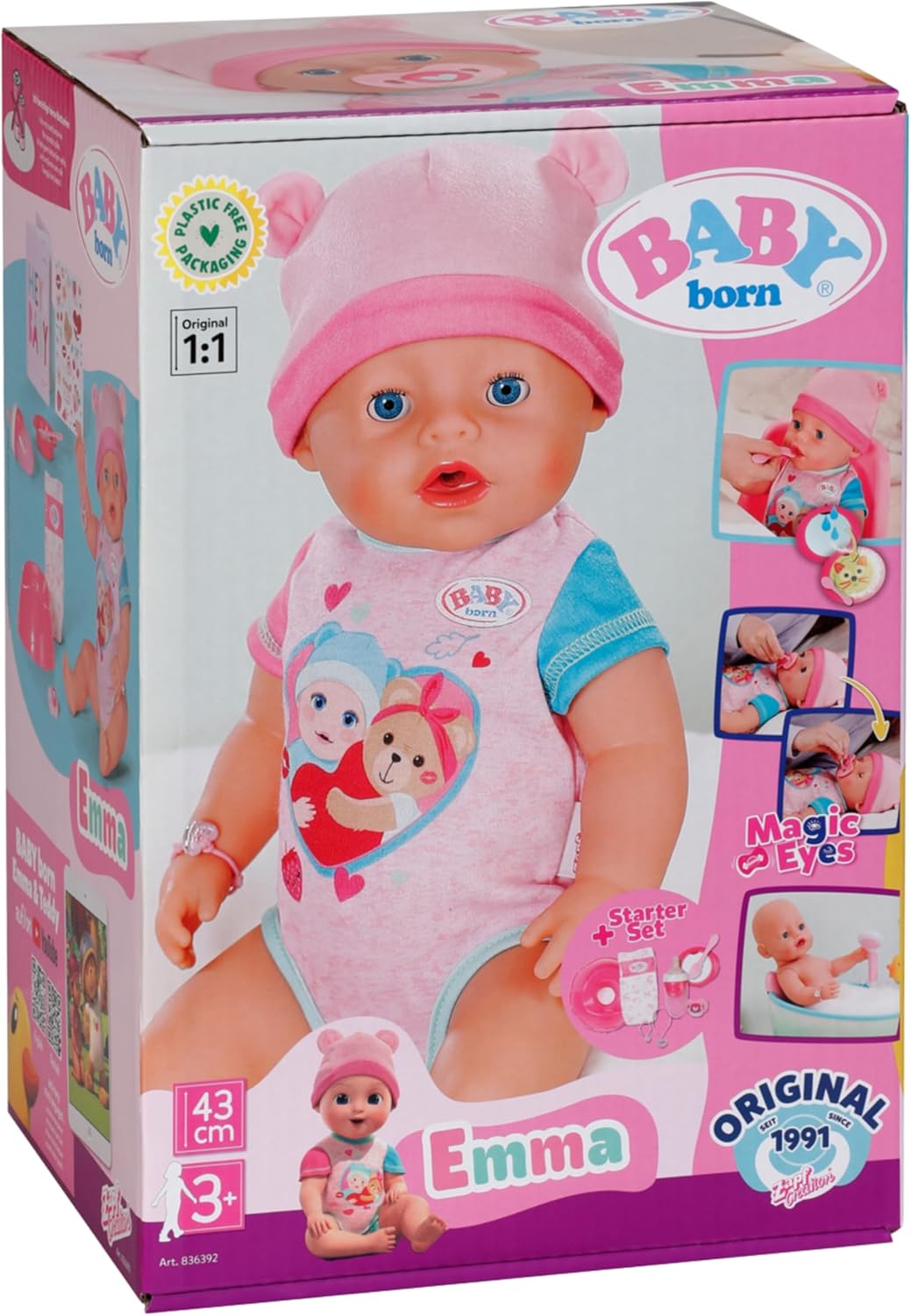 BABY born Emma - 43 cm Baby Doll - 10 Functions Including Accessories & Romper - Works Completely Without Batteries - Suitable for Children from 3 Years