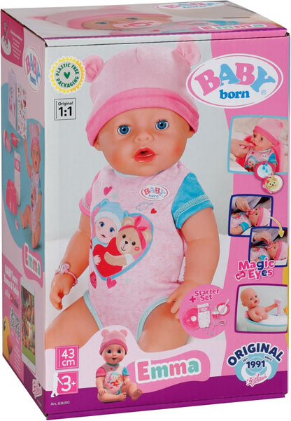 BABY born Emma - 43 cm Baby Doll - 10 Functions Including Accessories & Romper - Works Completely Without Batteries - Suitable for Children from 3 Years