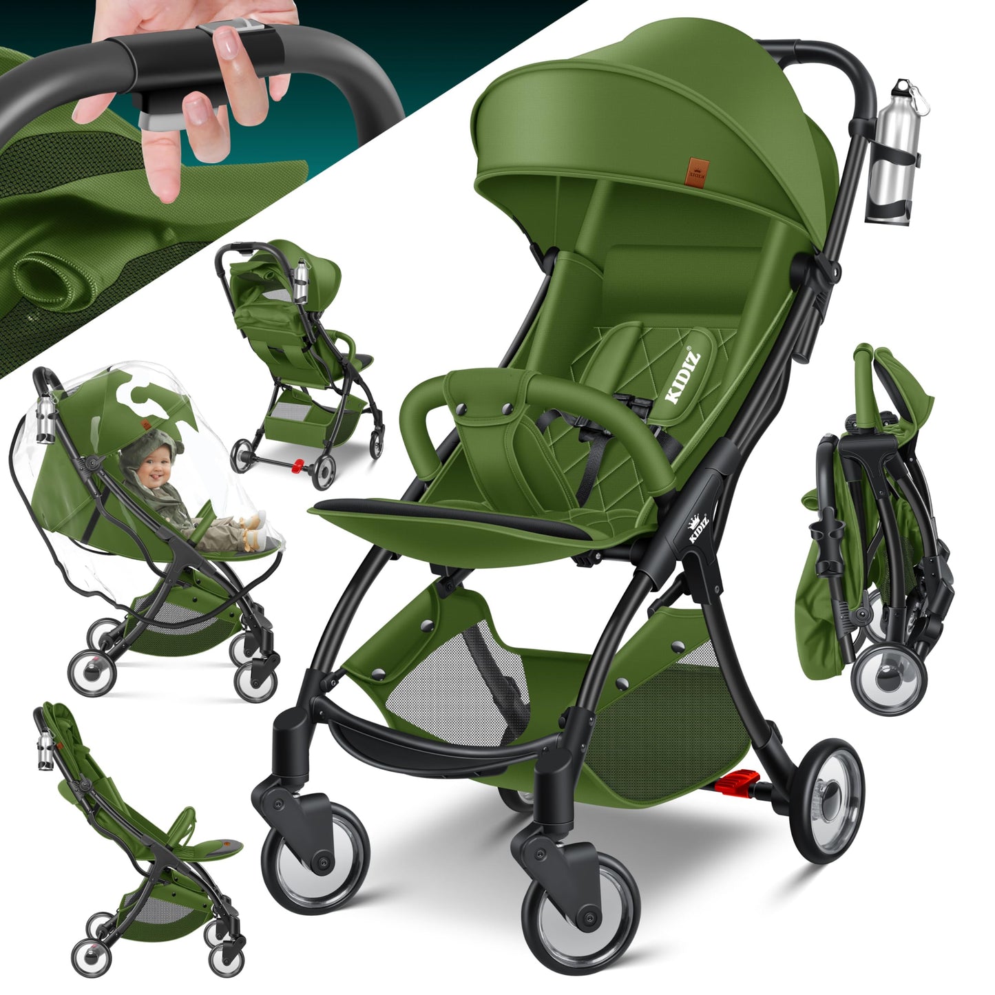 KIDIZ® Folding Pushchair, Sports Pram, 360° Wheels, 5-Point Harness, incl. Drinks Holder, Rain Cover, Adjustable Backrest and Sun Canopy, Red