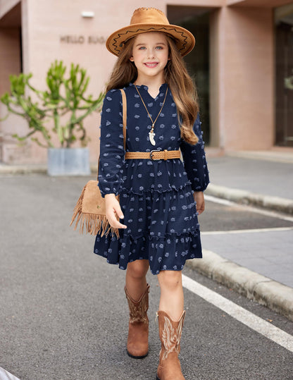 Arshiner Dress Girls Festive Flounce V-Neck Long Sleeve Dress Swiss Dot Chiffon Dress Children Tiered Dress A-Line Party Dress Wedding Princess Dress Swing Skater Dress 5-12 Years 
