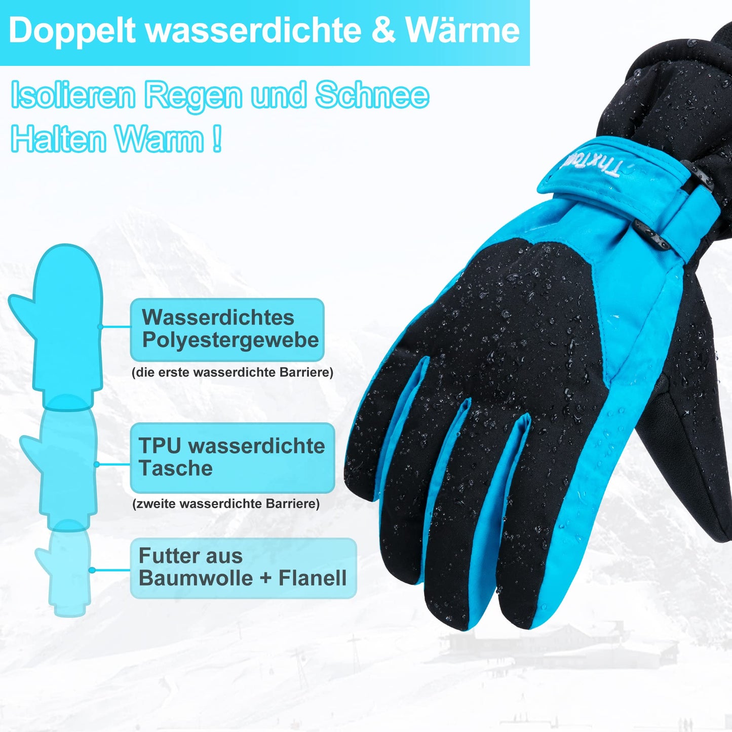 ThxToms Children's Ski Gloves, Winter Snow Ski Gloves, -15°C, Windproof, Waterproof, Warm, PU Thickened Cold Weather, Outdoor Sports, Snowboarding, Skiing, Bike, for Boys and Girls aged 3-13 Years Old