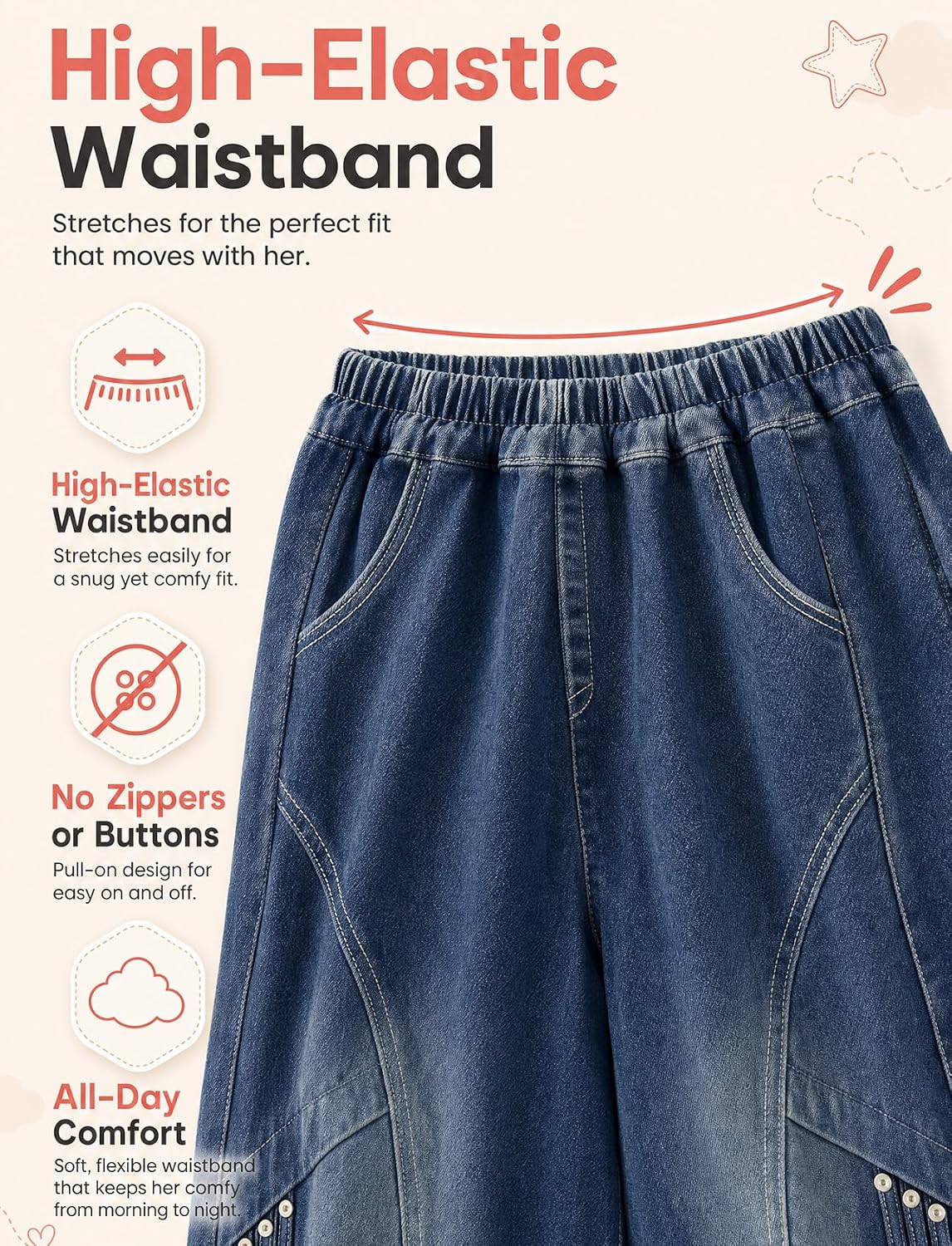 Baggy Jeans Jungen Weites Bein Gummibund Denim Jeanshosen Gr.120-170 | Baumwolle Lässige kinder Jeans Jungen Elastischer Freizeithose für 5-14 Jahren