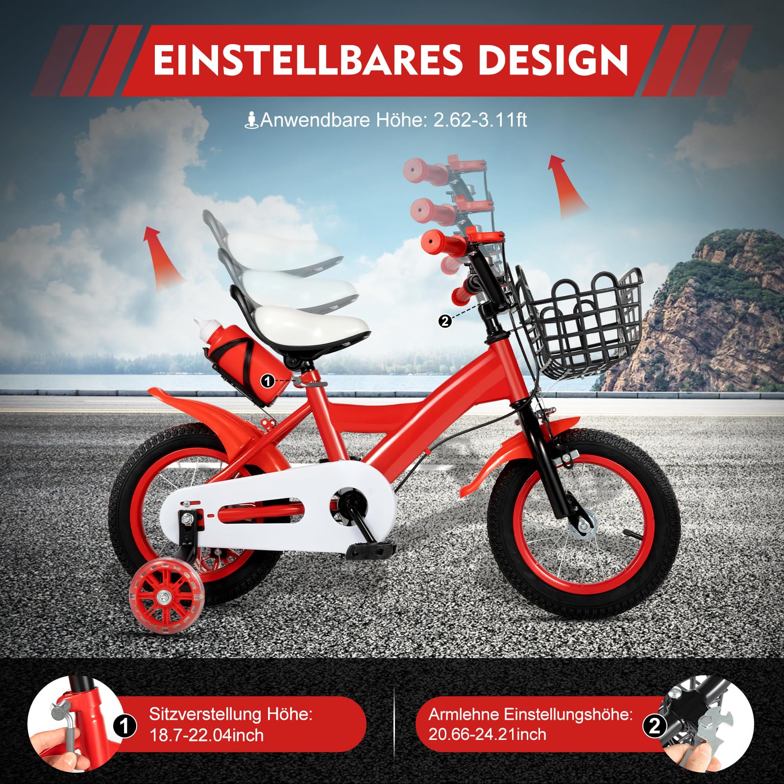 LKHDONG Kinderfahrrad 12 Zoll, Kinderrad für ab 2-4 Jahre, Tretfahrrad mit Stützräder und Korb, Kinder Fahrrad Mädchen Jungen, Fahrrad Kinder Höhenverstellbares - Meloni2