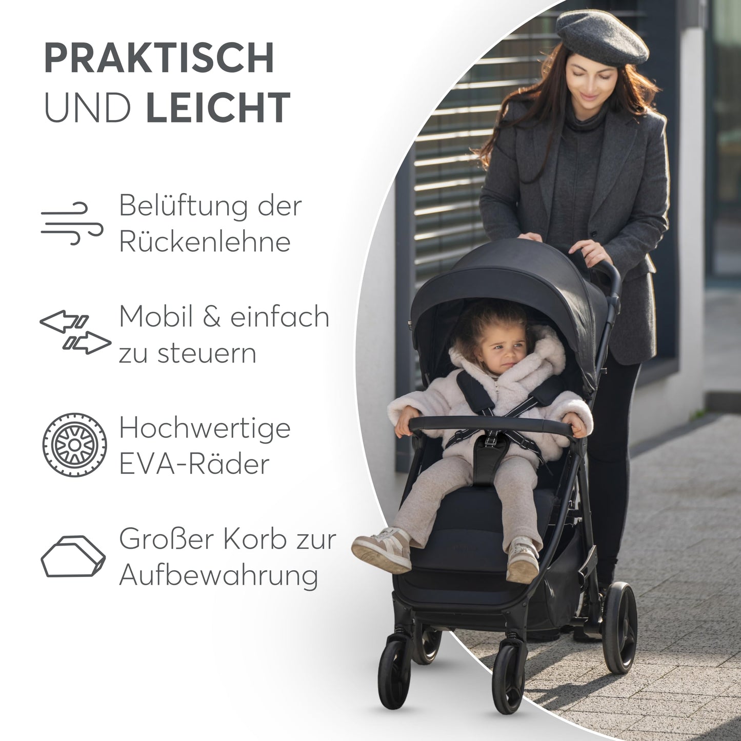 KikkaBoo Reisebuggy Kinderwagen URBAN, Buggy mit Liegefunktion ab Geburt bis 22 kg, Klein Zusammenklappbar, Leicht, EVA Räder mit Federung, Höhenverstellbarer Griff, Beige
