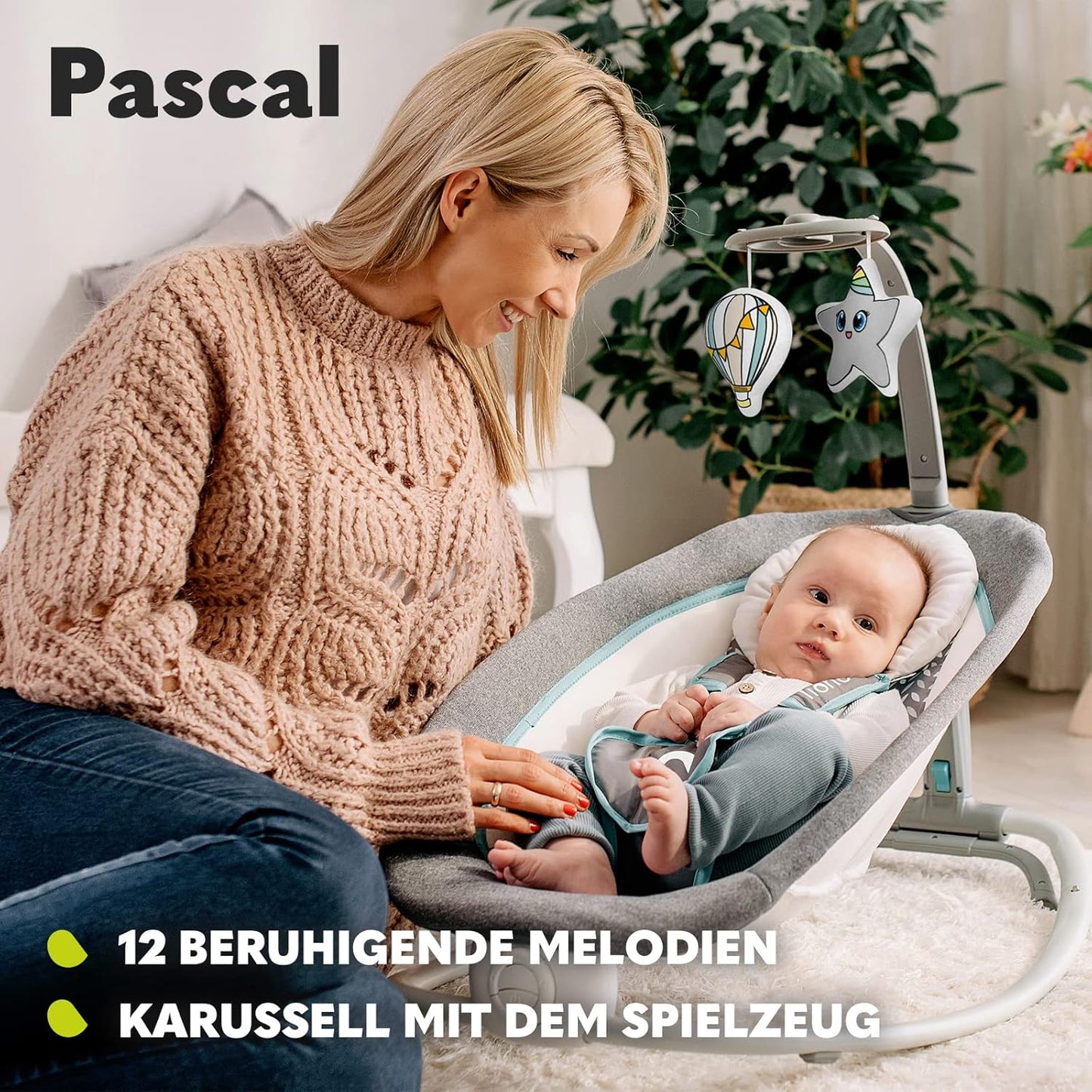 LIONELO Pascal Baby Wippe, sanfte Vibrationen, 5 Melodien, Spielzeugkarussell mit interaktiven Plüschtieren, Kopfkissen, verstellbare Rückenlehne, Energiesparsystem (GREY SCANDI)