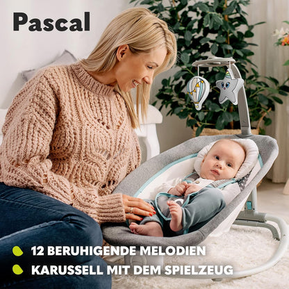 LIONELO Pascal Baby Wippe, sanfte Vibrationen, 5 Melodien, Spielzeugkarussell mit interaktiven Plüschtieren, Kopfkissen, verstellbare Rückenlehne, Energiesparsystem (GREY SCANDI)