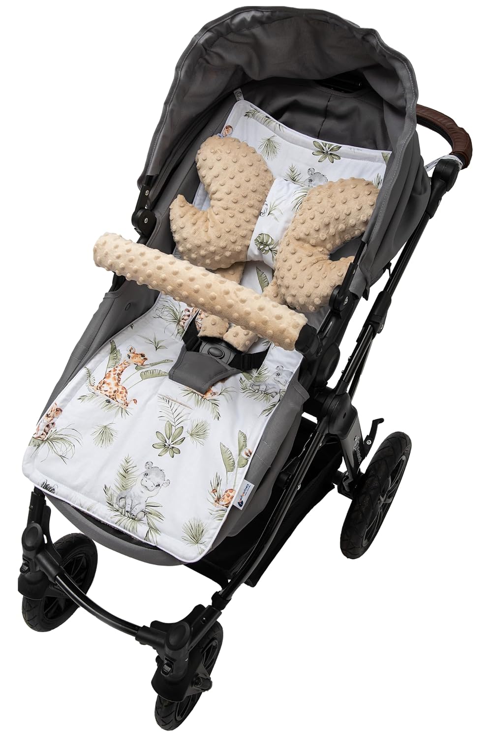 Sitzauflage Kinderwagen Buggy Baby Sommer Kindersitz Einlage Universal - 5tgl Gurtpolster + Spielbogen Kinderwagenset Babyschale (Safari mit beige Minky)