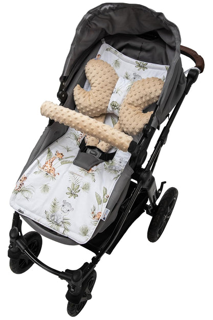 Sitzauflage Kinderwagen Buggy Baby Sommer Kindersitz Einlage Universal - 5tgl Gurtpolster + Spielbogen Kinderwagenset Babyschale (Safari mit beige Minky)