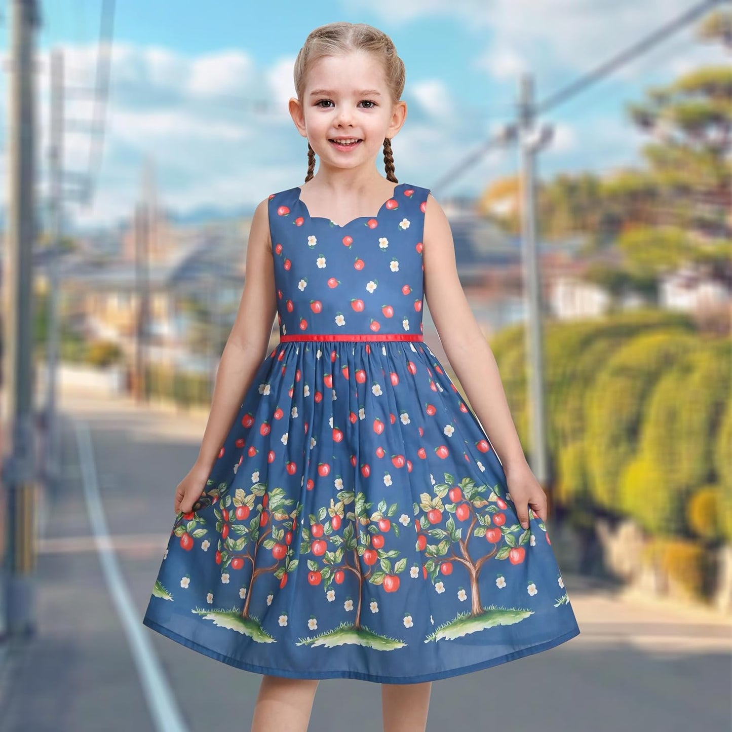Sunny fashion girls' sleeveless polka dot dress rose garden green print size