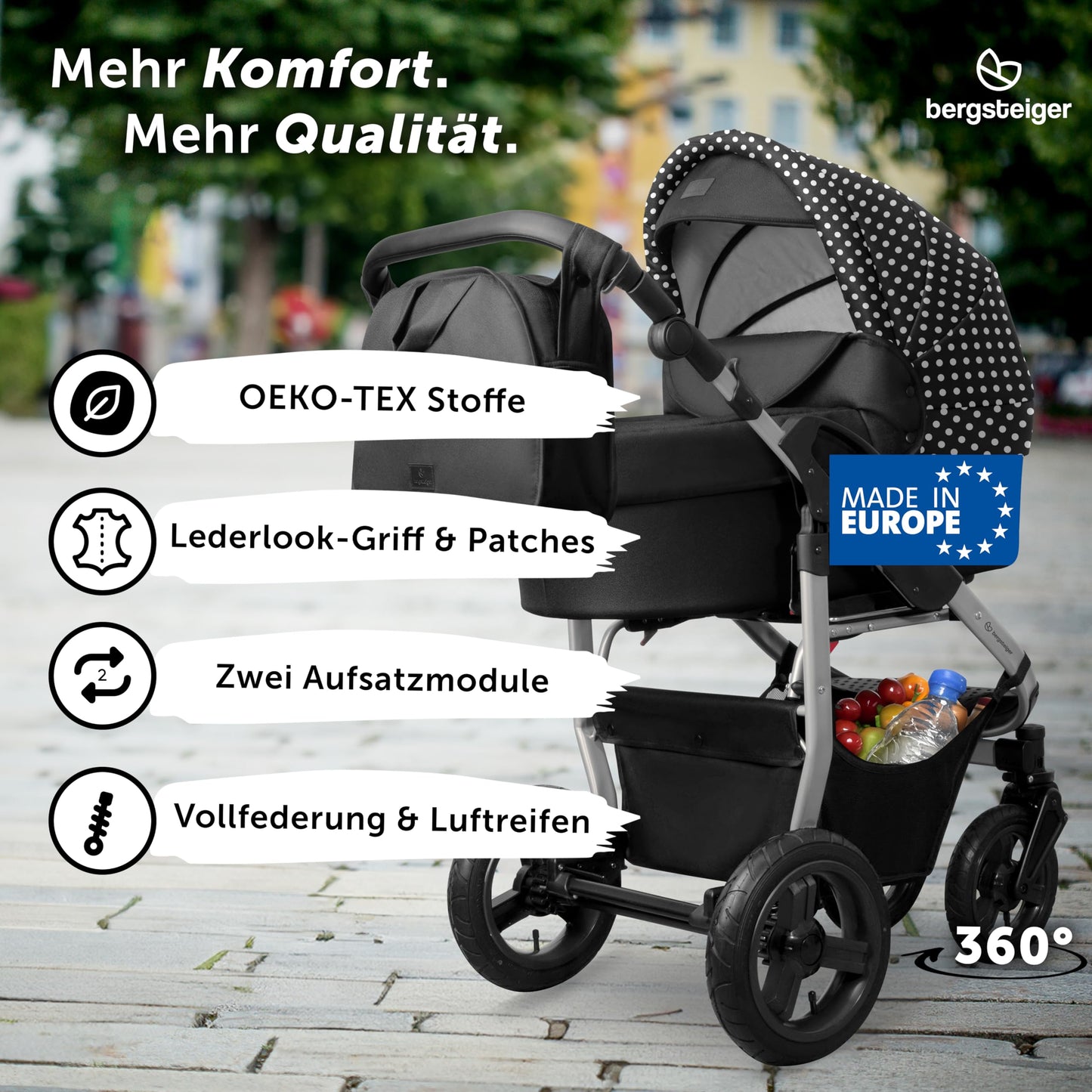 Bergsteiger Capri 3-in-1 Combination Pushchair - Baby Carrier, Sports Seat & i-Size Baby Seat, Pneumatic Tyres, Suspension, Height-Adjustable Handle, Foldable, Accessories