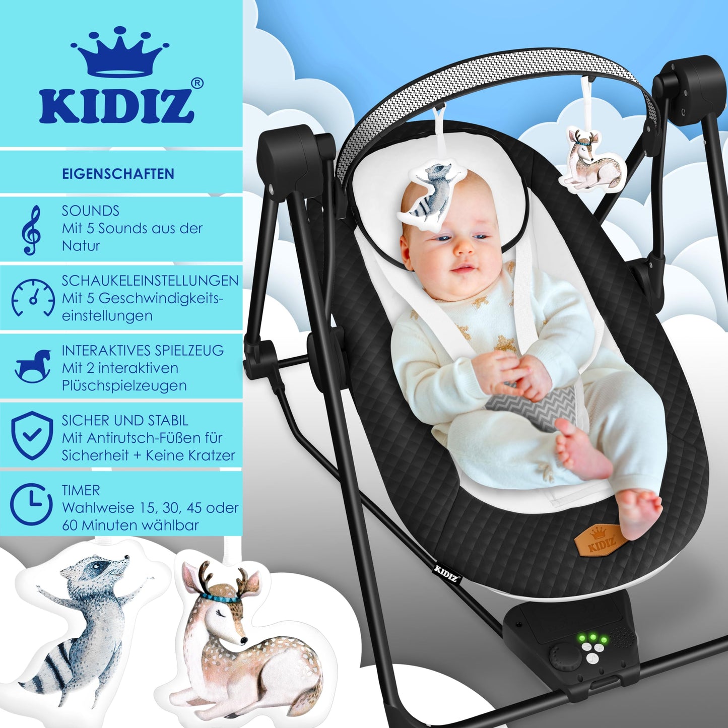 KIDIZ® Baby Rocker Baby Swing with 5 Speed Settings Foldable Baby Rocker Swing Baby High Chair with Play Arch Toys 5 Soothing Natural Sounds Newborn Anthracite