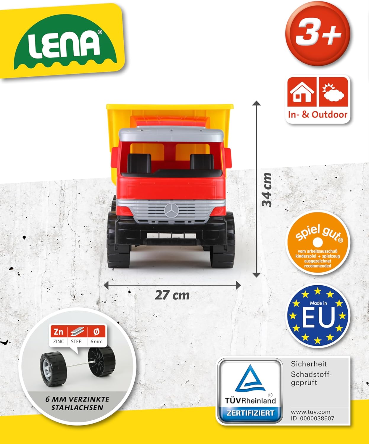 Lena 02031 - Strong Giant Dump Truck Mercedes Benz Actros, Dump Truck Approx. 63 cm, Large Dump Truck with 3 Axles and Lockable Dump Body, Robust Construction Site Toy Vehicle for Children from 3