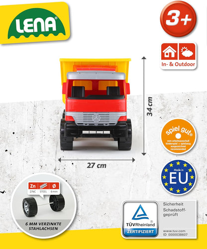 Lena 02031 - Strong Giant Dump Truck Mercedes Benz Actros, Dump Truck Approx. 63 cm, Large Dump Truck with 3 Axles and Lockable Dump Body, Robust Construction Site Toy Vehicle for Children from 3