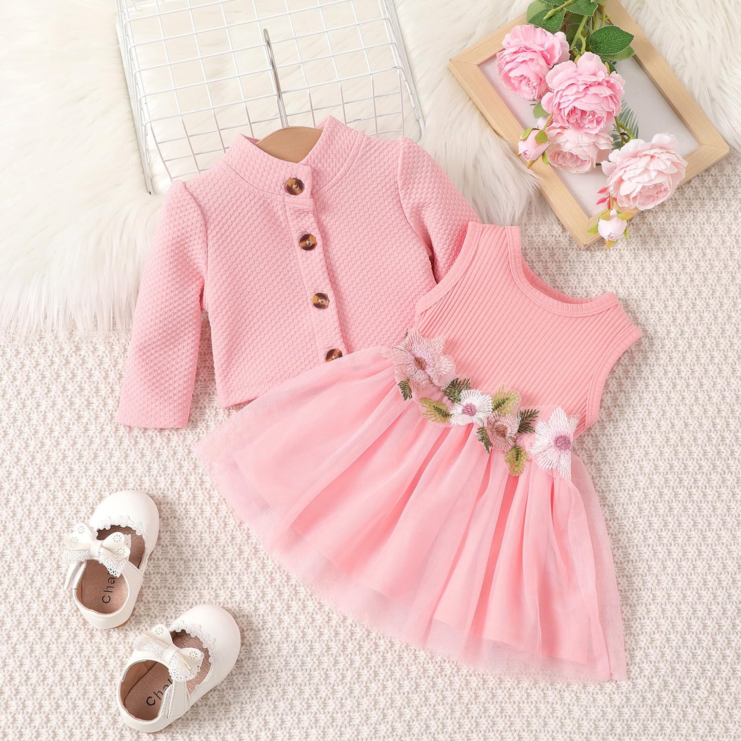 Toddler Baby Girl Dress and Cardigan Set Long Sleeve Cotton Princess Tutu Dresses with Outfits Coat