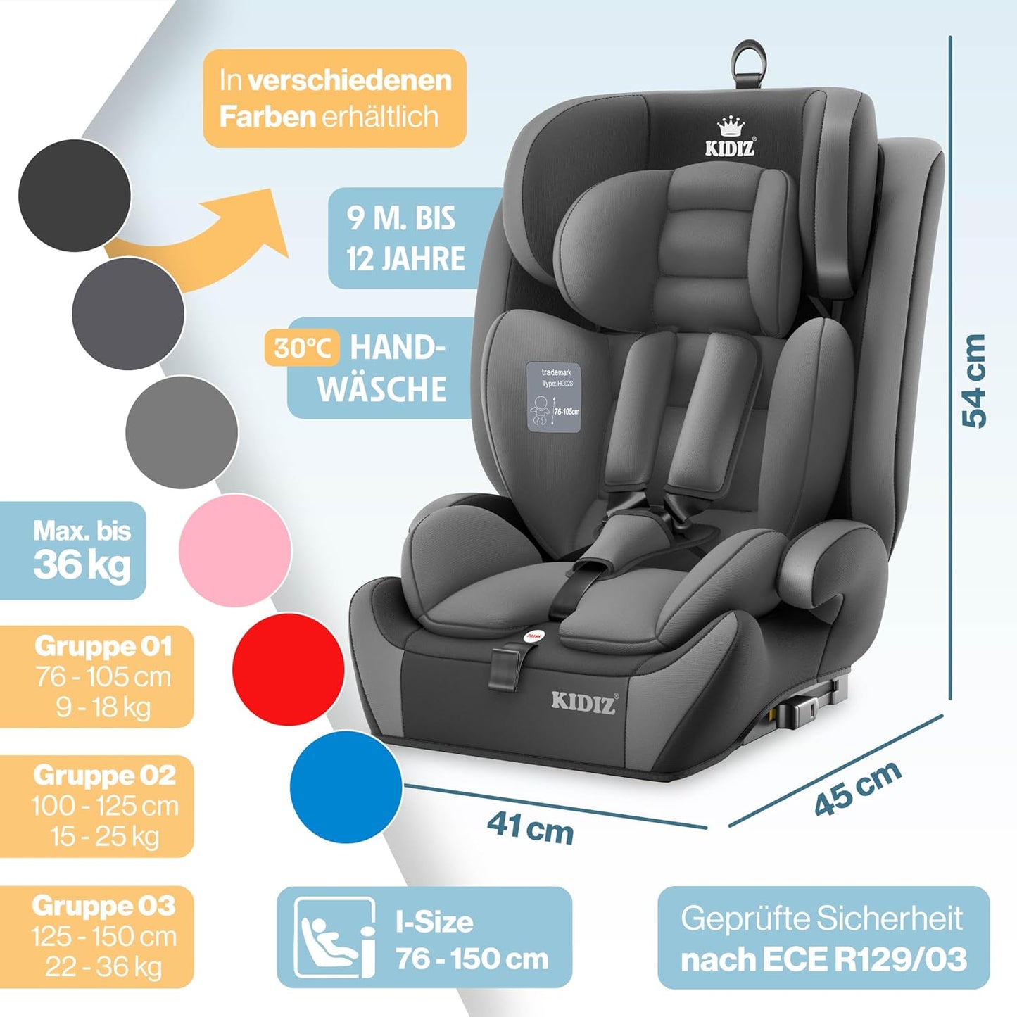 Autokindersitz mit Isofix i-Size R129 100-150cm bis 12 Jahre, Kinderautositz Gruppe 1/2/3, mitwachsender Kindersitz, 5-Punkt-Gurt & höhenverstellbare Kopfstütze, Sitzerhöhung Auto, Schwarz